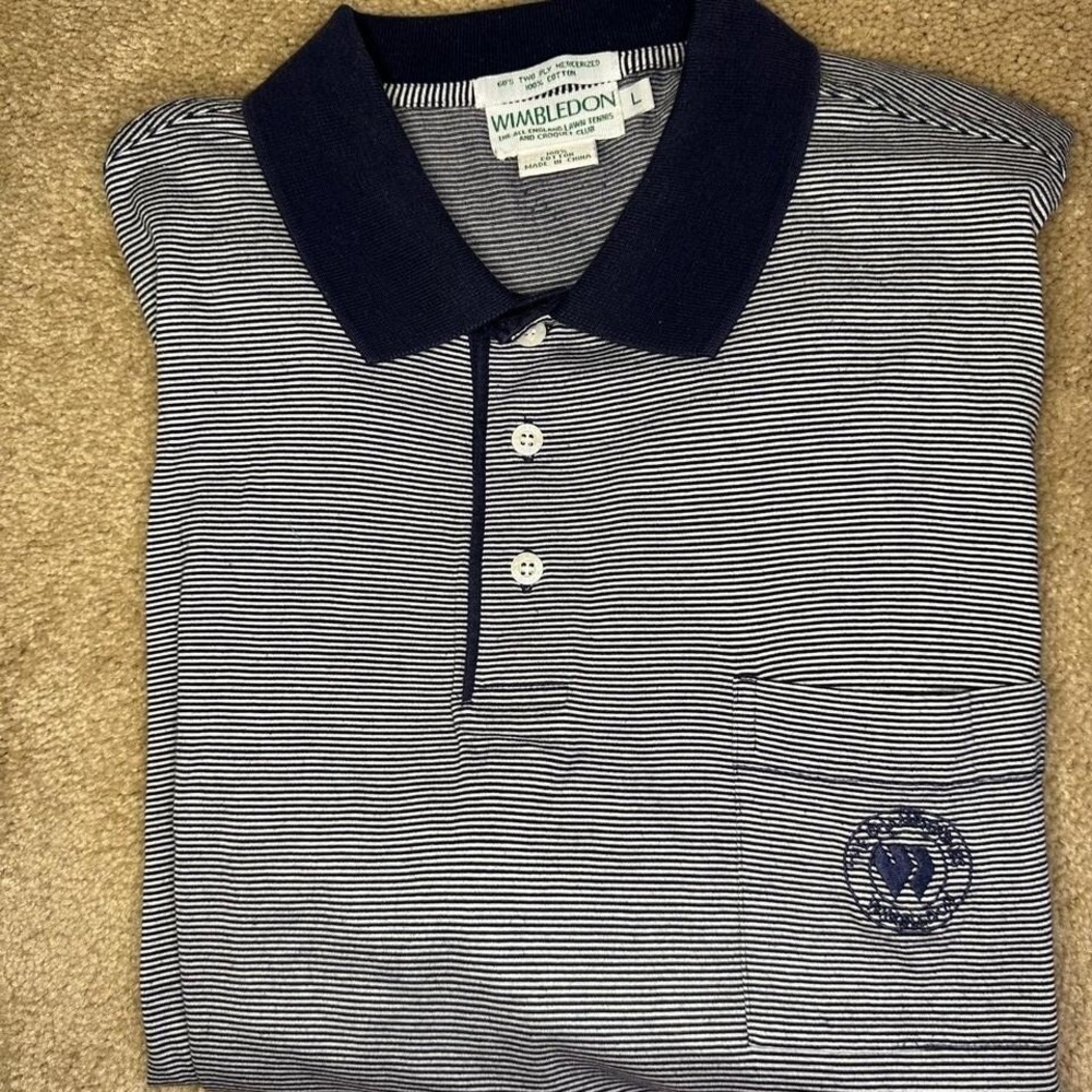 Official Wimbledon The Championships Navy and White Striped Short‎ Sleeve Polo L